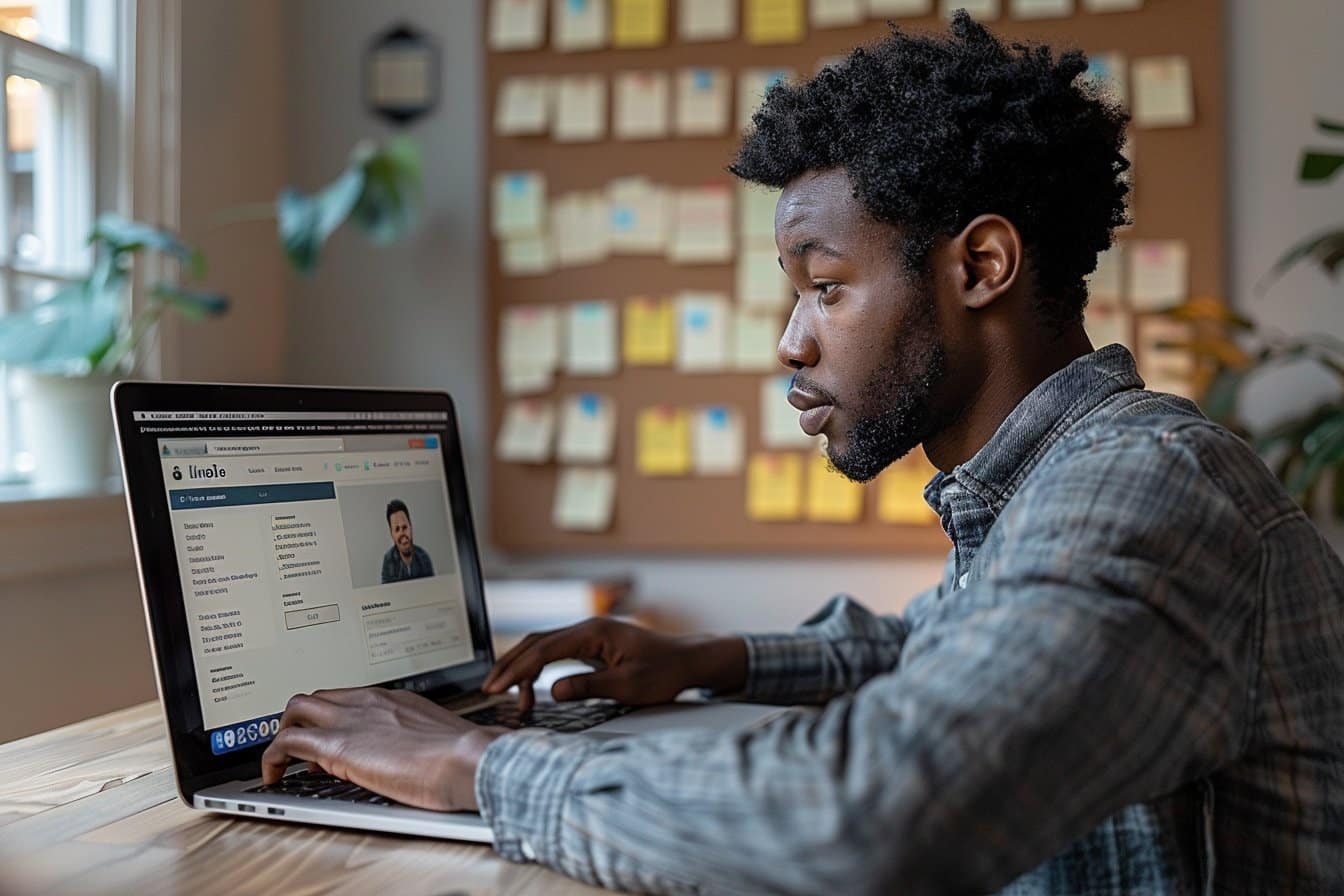 Image illustrant les bonnes pratiques pour engager de nouveaux contacts sur LinkedIn : un écran d'ordinateur avec une page de profil LinkedIn ouverte, des icônes de message et de connexion en surbrillance, symbolisant une approche efficace et professionnelle des nouveaux contacts sur le réseau social professionnel.