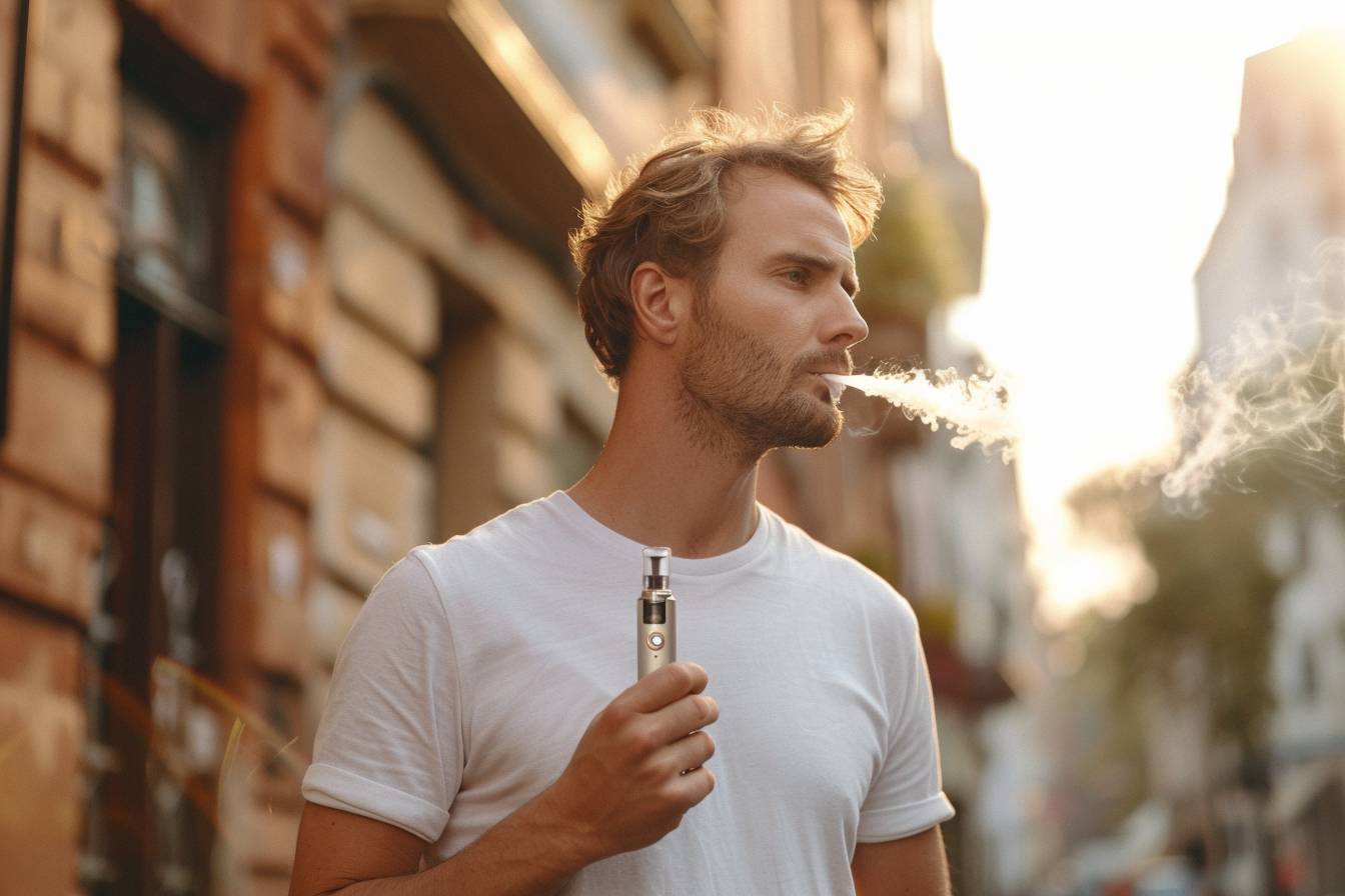 Homme décontracté tenant une cigarette électronique