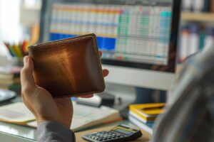 Personne tenant un portefeuille devant un écran d'ordinateur