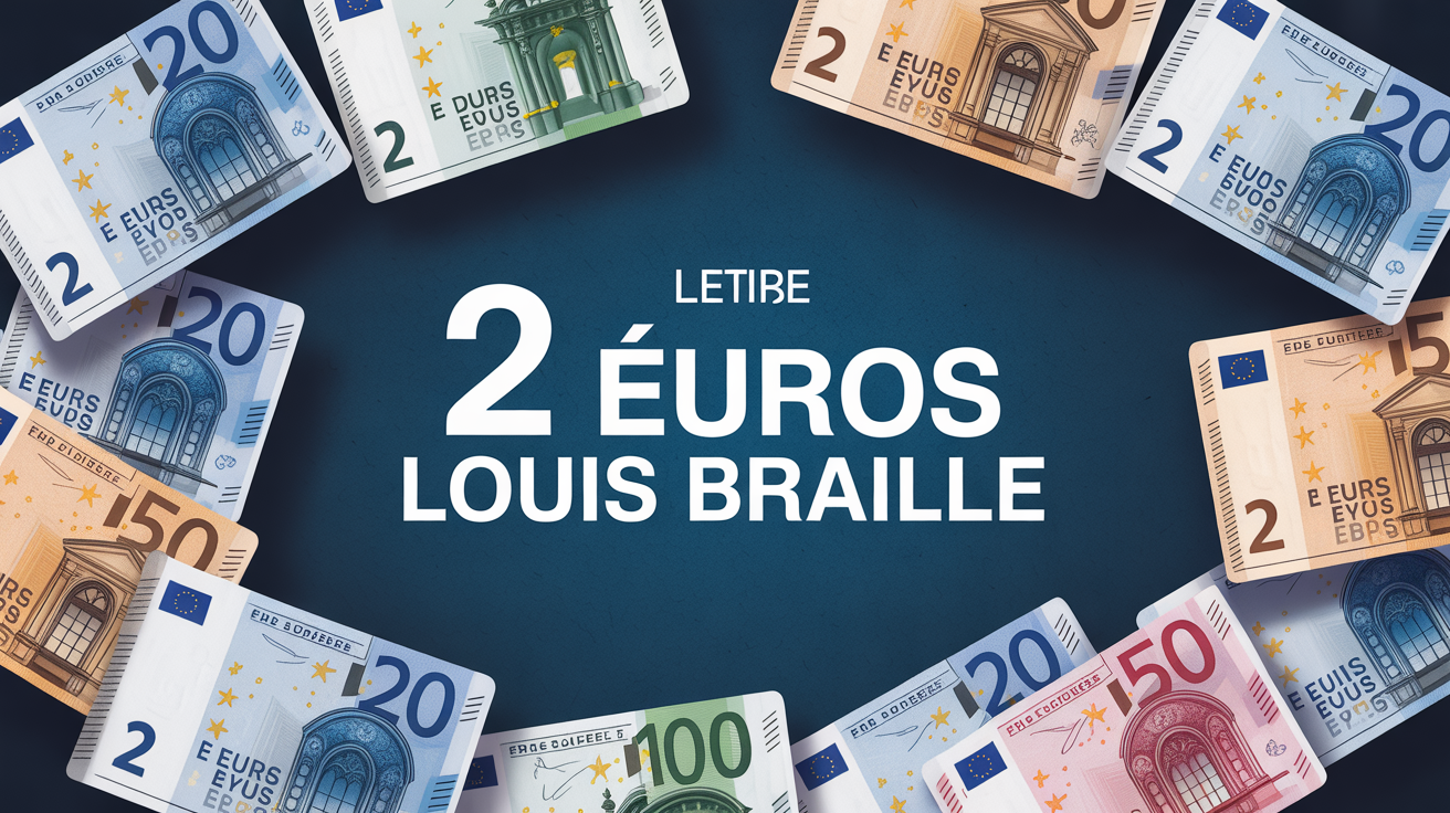 Gros plan pieces 2 euros Louis Braille sur fond bleu