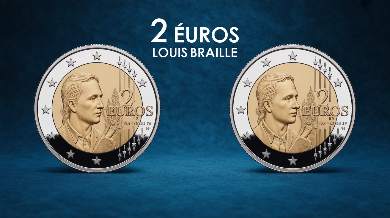 Gros plan piece 2 euros Louis Braille commemorative collection