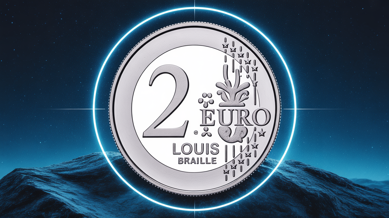 piece 2 euros Louis Braille avec eclairage cercle bleu