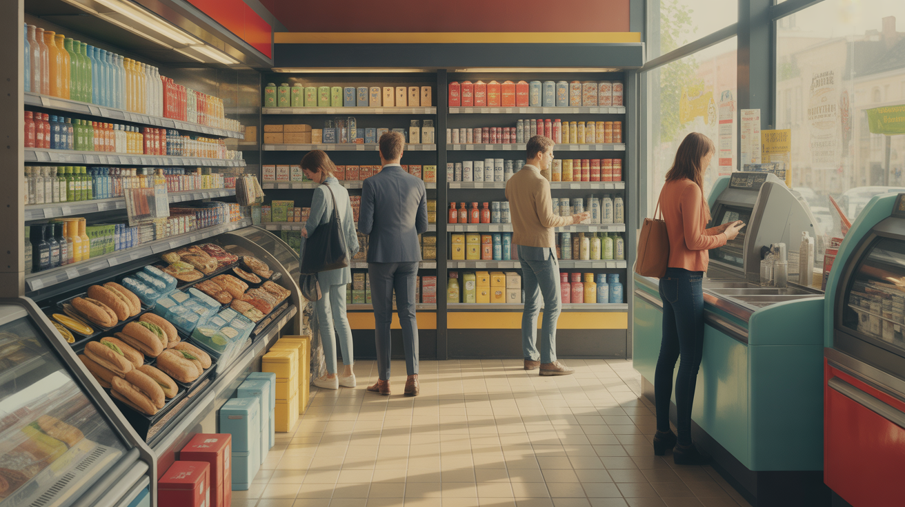 rayons convenience store produits essentiels et caisses automatiques