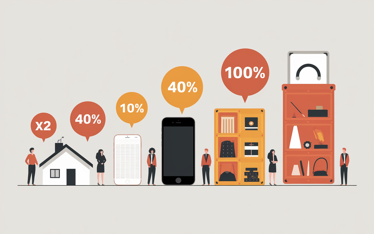 Tableau comparatif achat revente 2025, maisons, smartphones, mode, marges