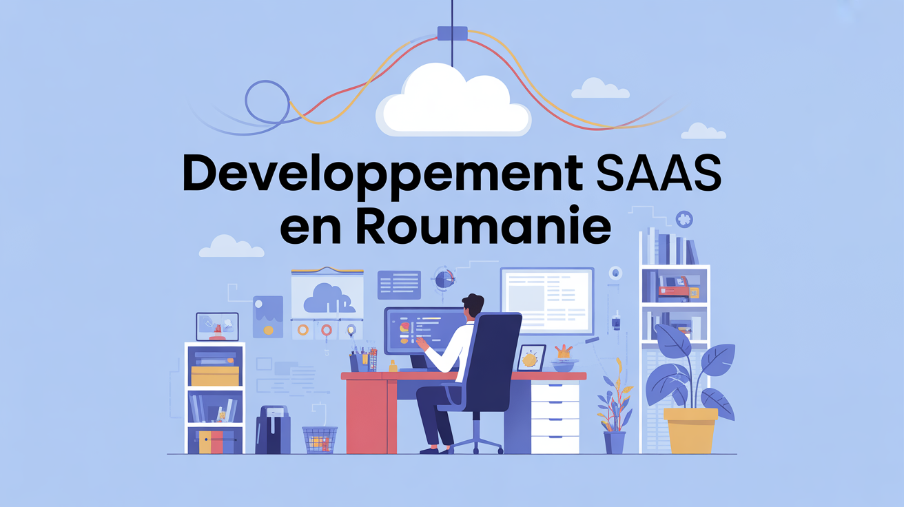 Illustration Developpement SaaS en Roumanie avec bureau moderne et cloud