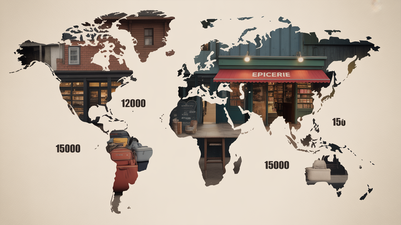 carte du monde avec chiffres et enseignes convenience store