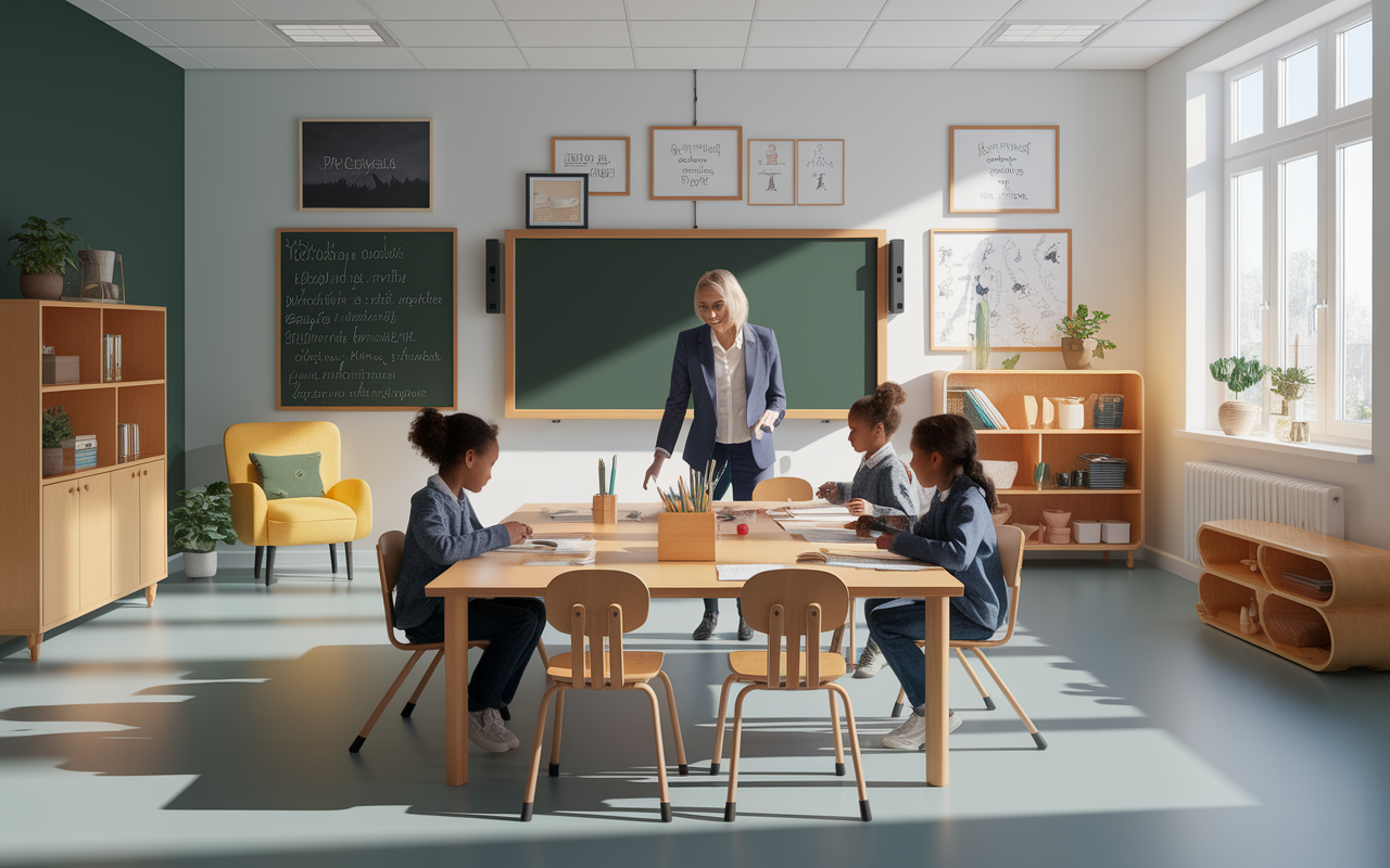 Salle de classe ENTJPV avec modules scolaires ouverts