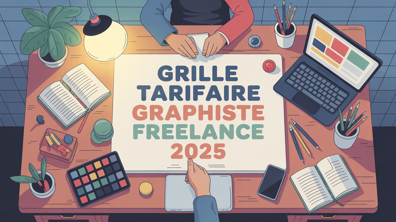 Grille tarifaire graphiste freelance 2025 illustrée sur bureau