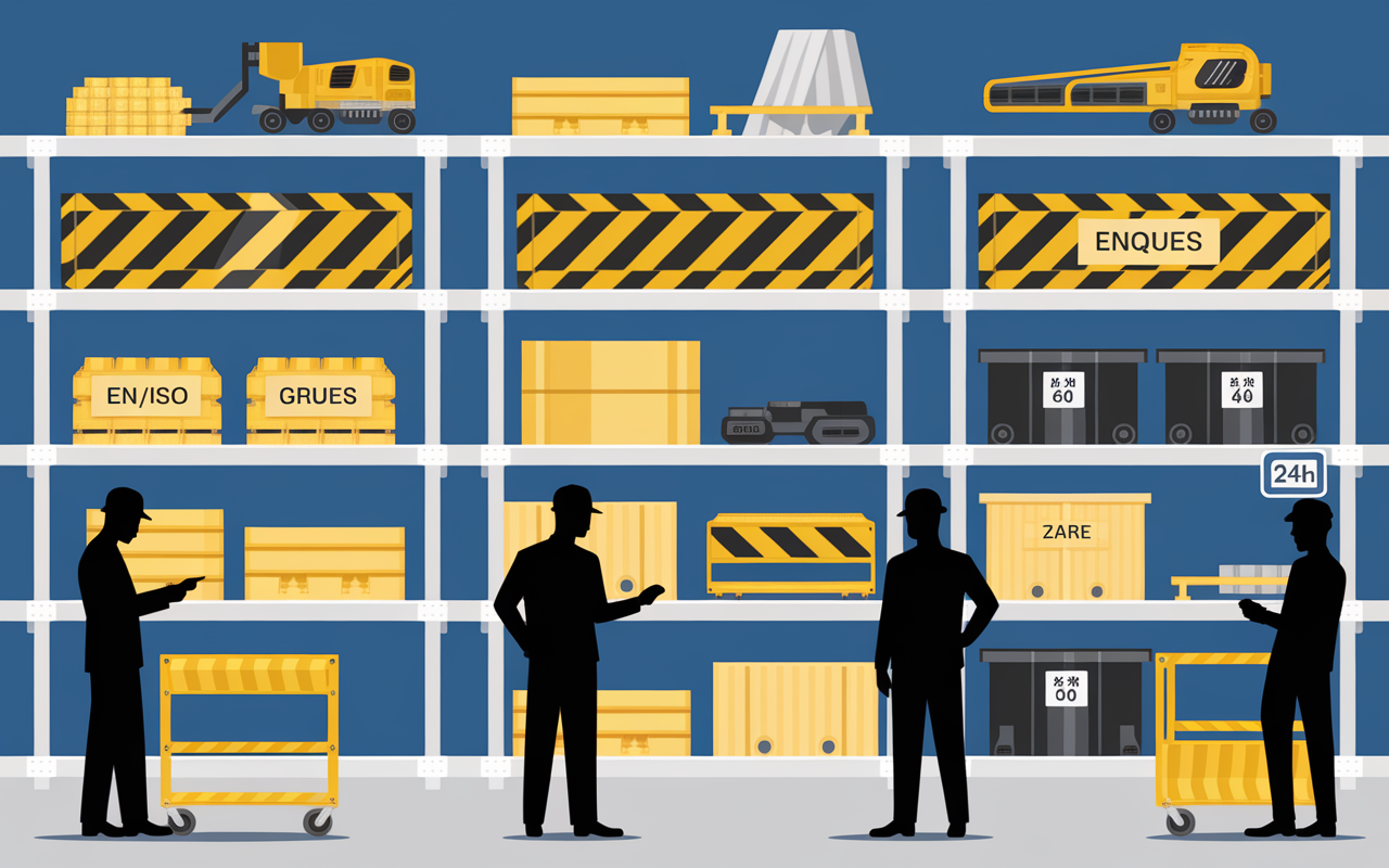 Materiels de chantier varies etiquetes EN ISO et 24h, professionnels sur entrepot