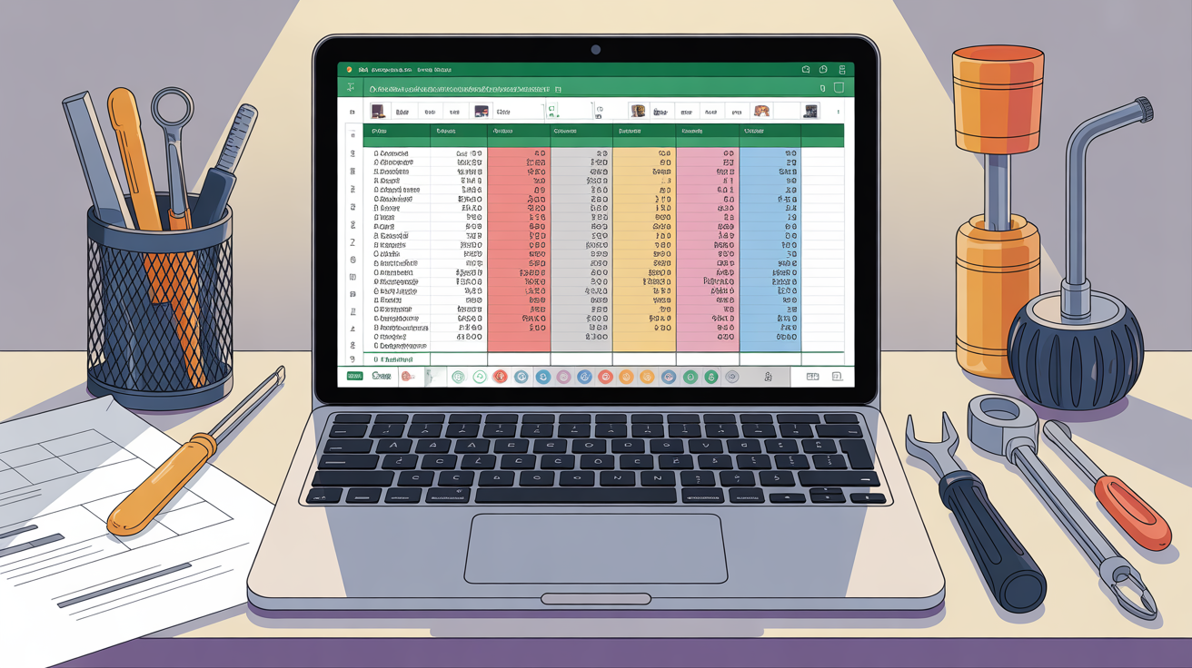Tableau Excel maintenance ouvert sur ordinateur et outils