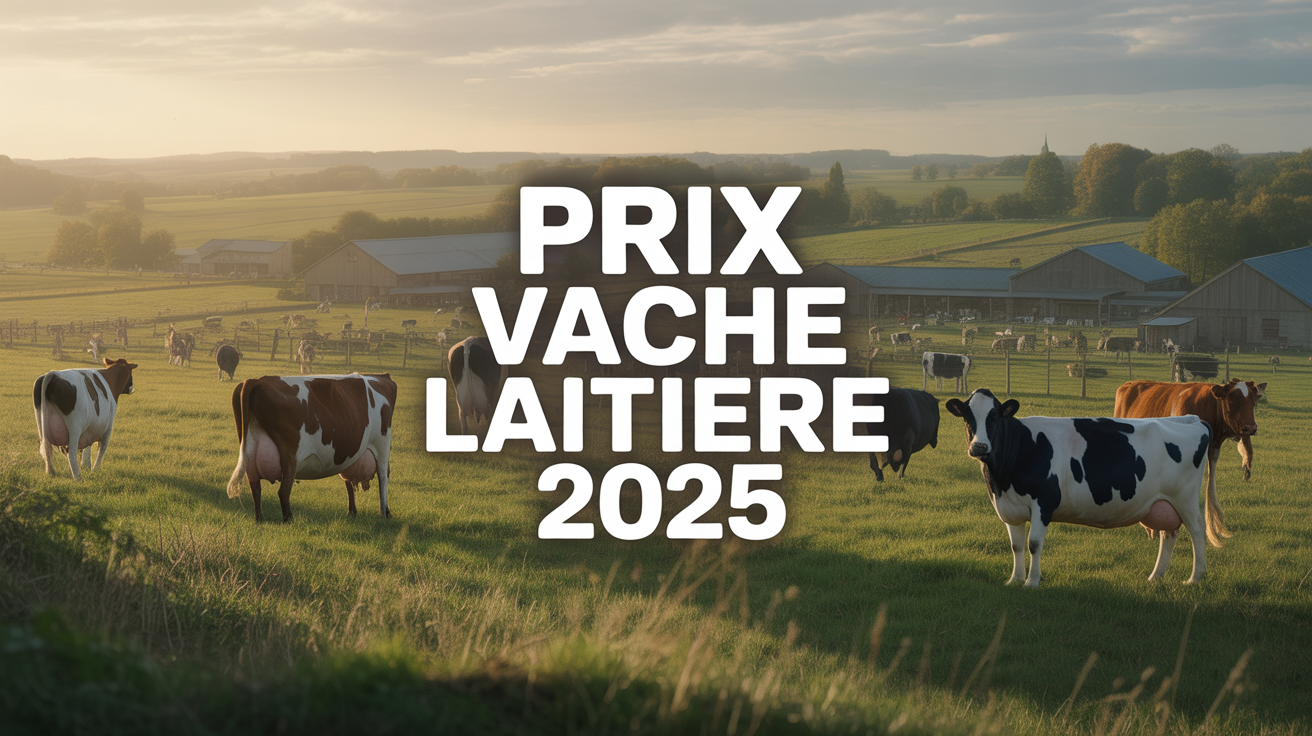 Paysage marché laitier 2025 avec vaches et ferme