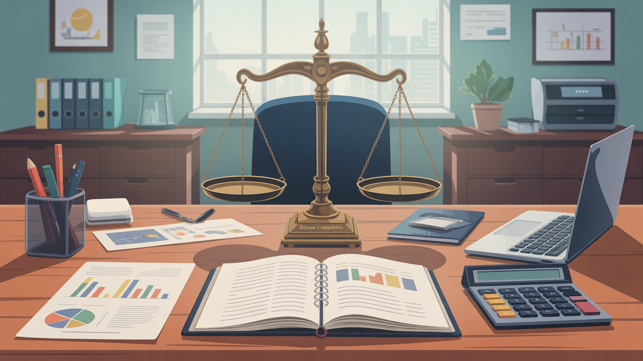 Balance comptable stylisée sur bureau avec documents et graphiques