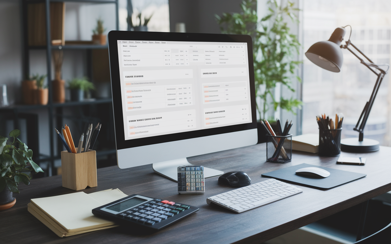 Bureau moderne avec simulateur checklist FAQ finance