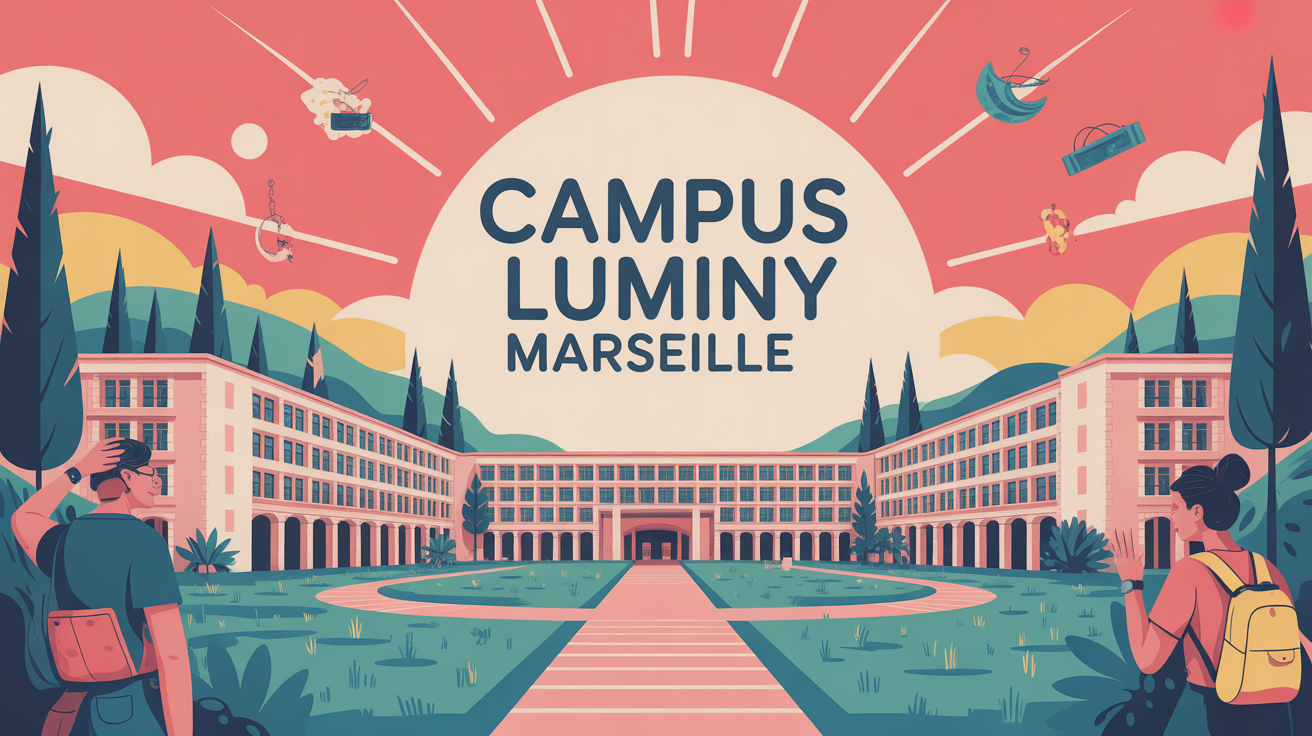 Illustration stylisée campus Luminy Marseille étudiants bâtiments modernes pins collines