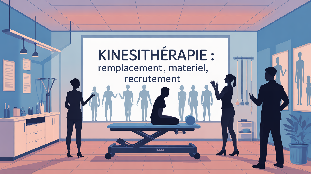 Cabinet de kinesitherapie moderne et professionnels, panneau remplacement materiel recrutement