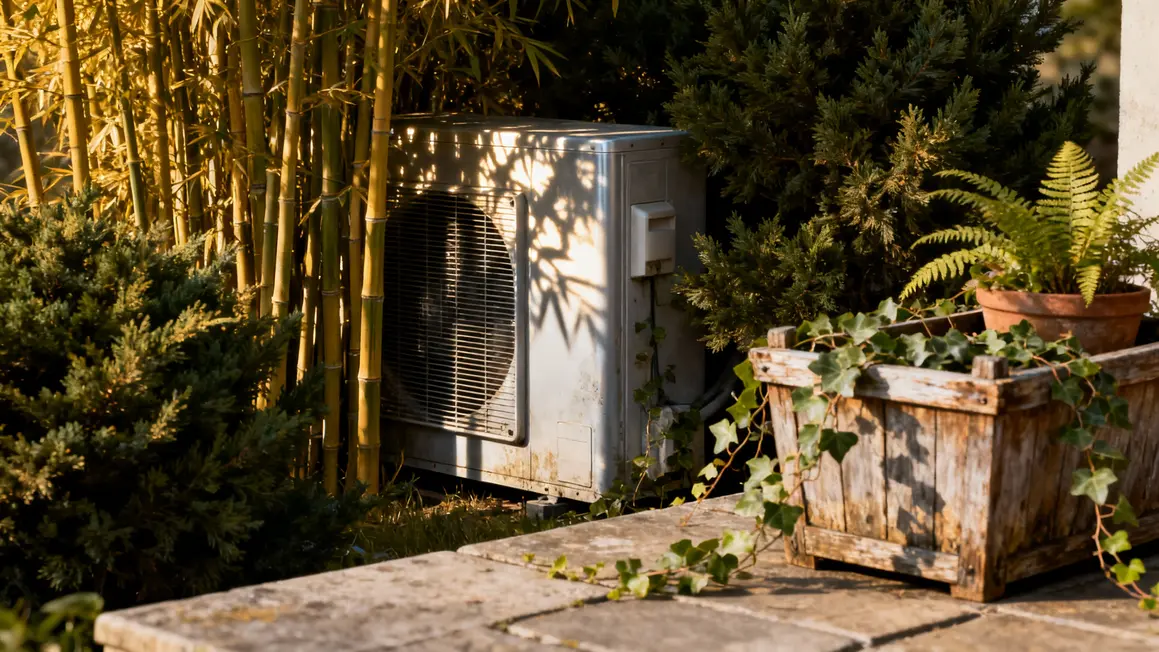 Climatiseur exterieur cache par haie bambous et arbustes