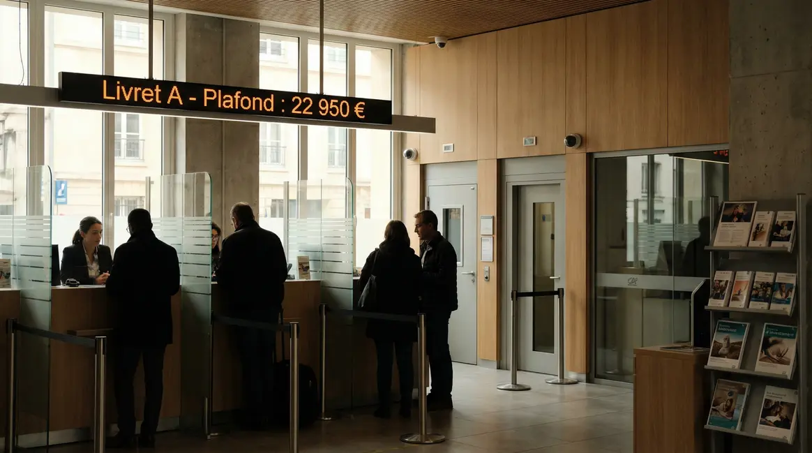 Scène banque moderne Livret A plafond 22950 euros