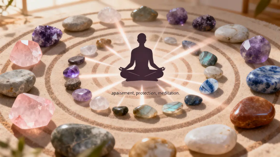Cercle de pierres lithotherapie autour d'une silhouette meditant