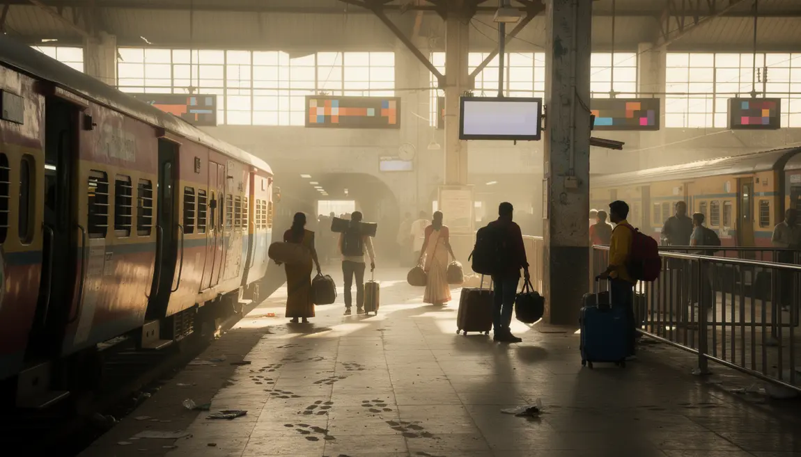 Scène d'une gare indienne animée avec train.