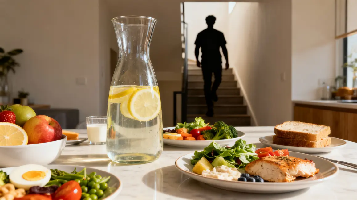 Habitudes saines en cuisine et escaliers