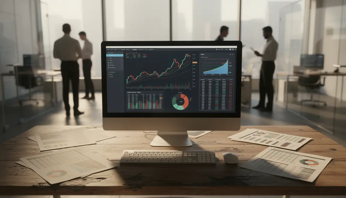 Investir en bourse 2026, bureau moderne, ordinateur et graphiques