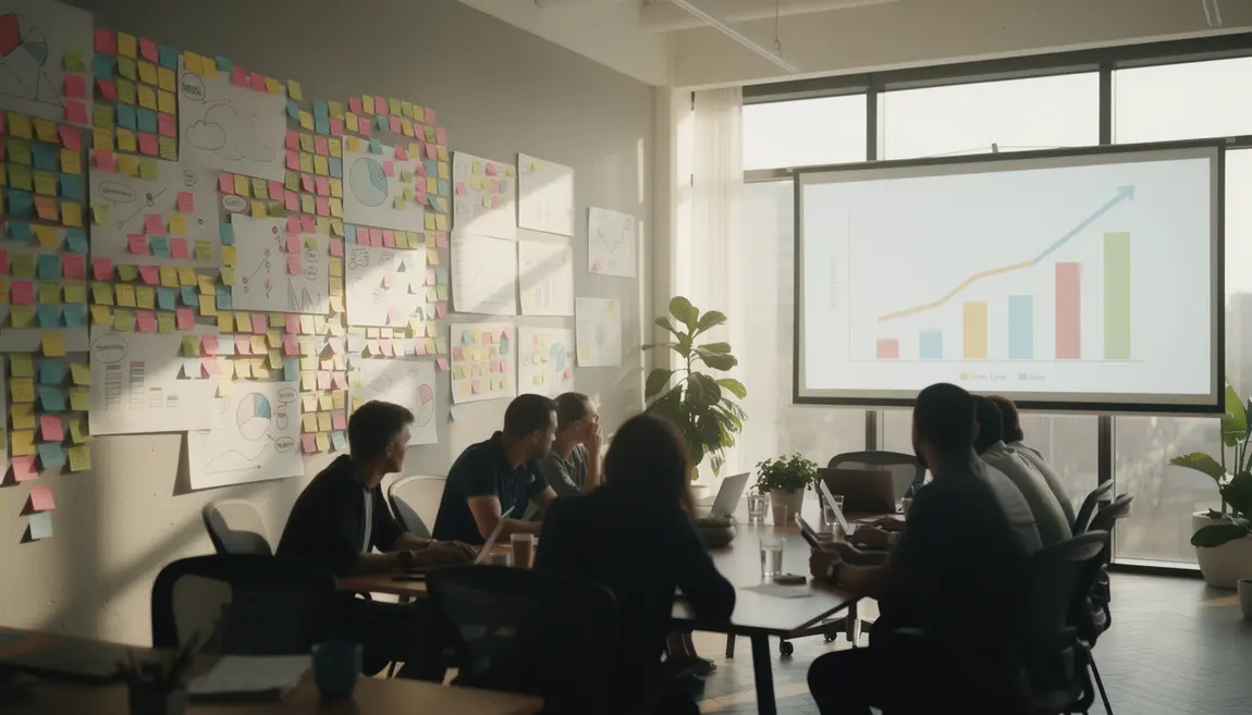 Salle de réunion agile, post-it, équipe en discussion, gestion projet
