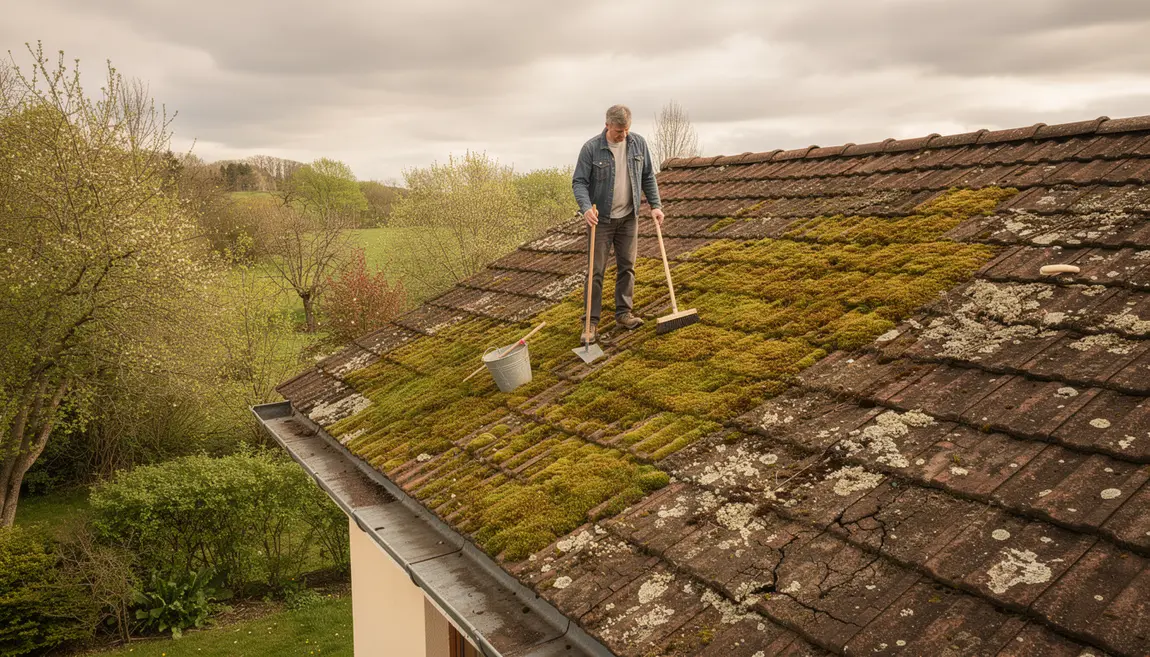 toiture couverte de mousse et lichen démoussage