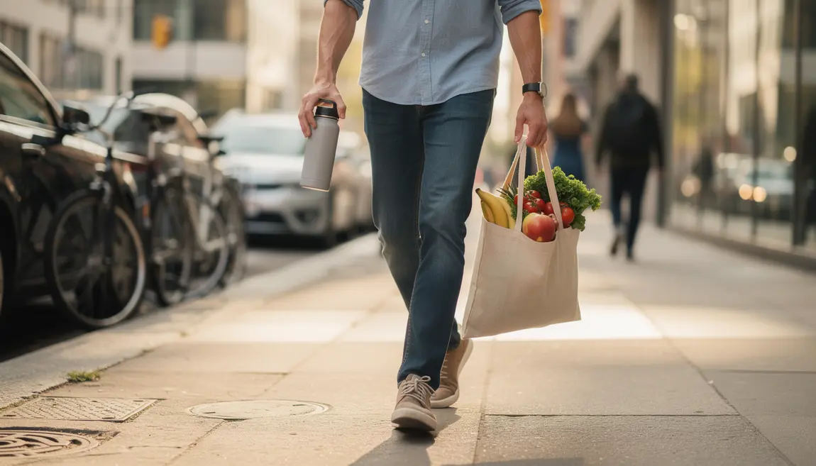 Adulte actif en marche avec fruits et gourde