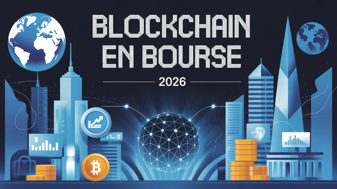 illustration blockchain bourse 2026 globe et buildings