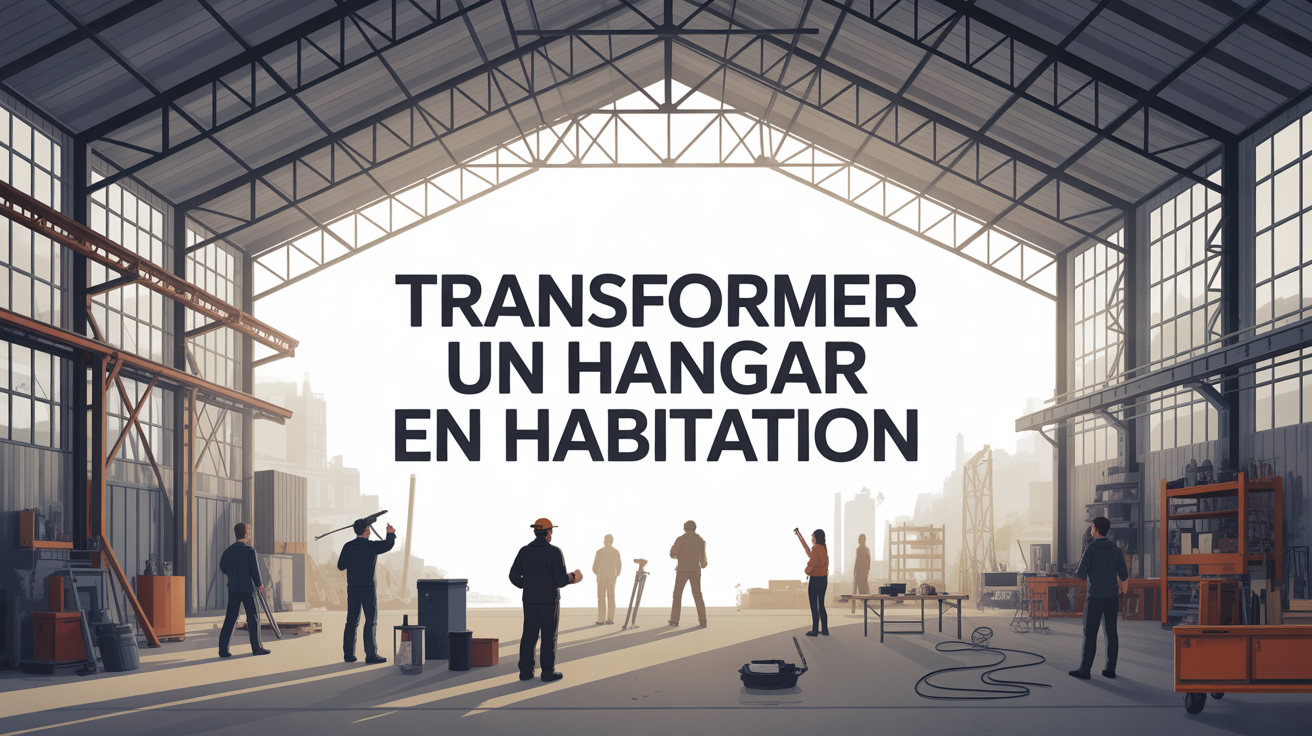 hangar aménagé en maison moderne, ouvriers et outils