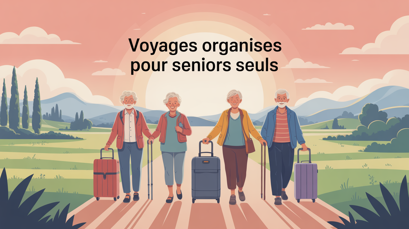 Seniors marchant, valises, voyages organisés pour personnes seules 70 ans