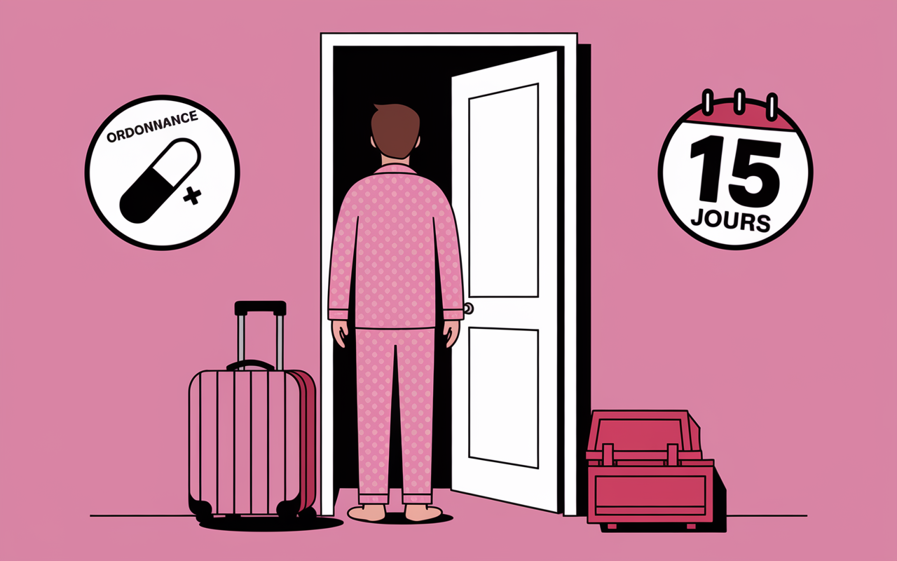 arret maladie peut on partir en vacances, personnage pyjama, valise et ordonnance