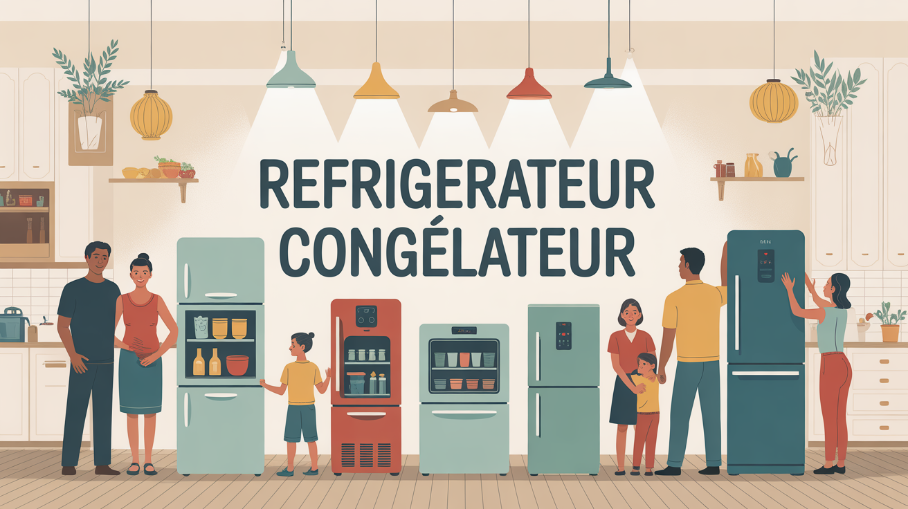 Comparatif réfrigérateur congélateur illustration famille cuisine lumineuse