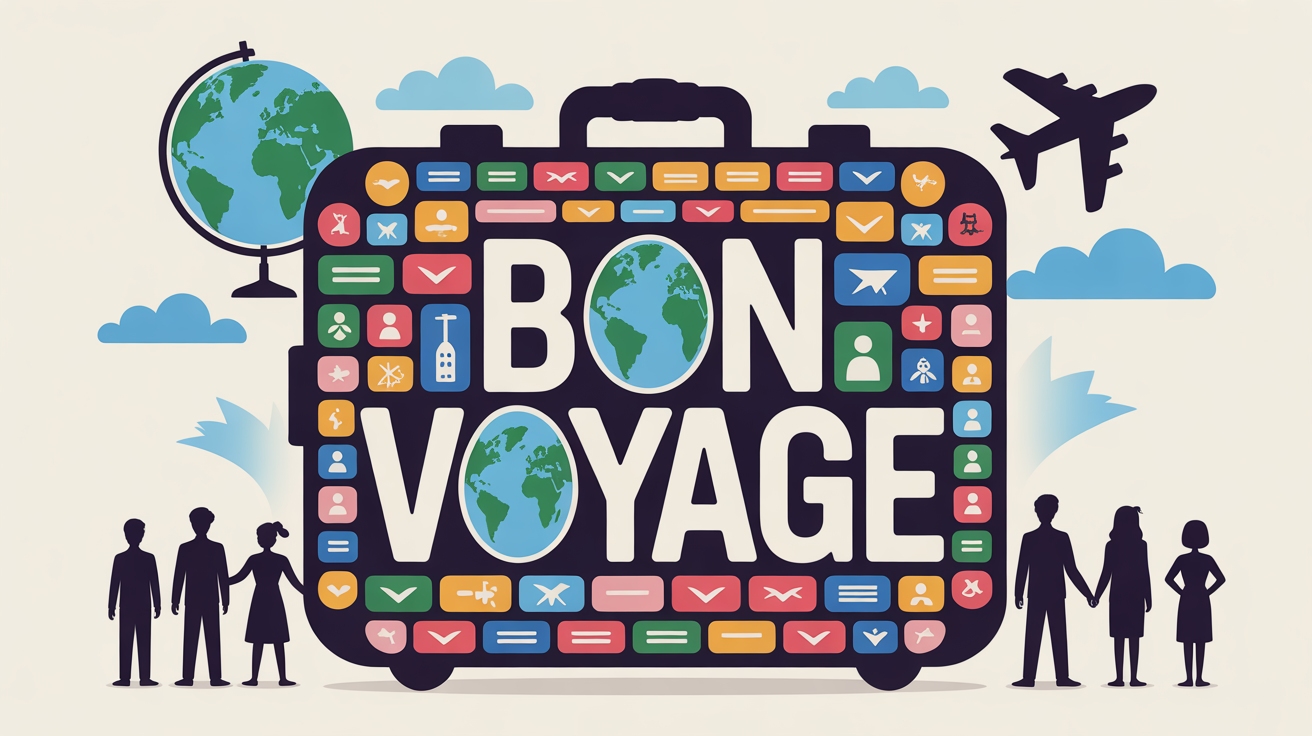 Image souhaiter un bon voyage avec valise et globe