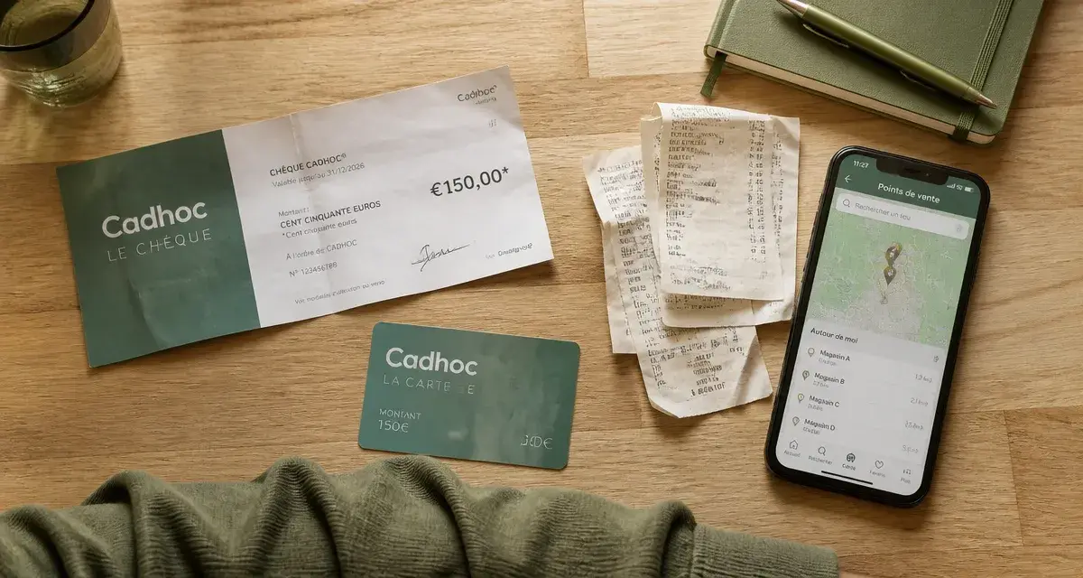 Chèque cadhoc sur table, points de vente indiqués