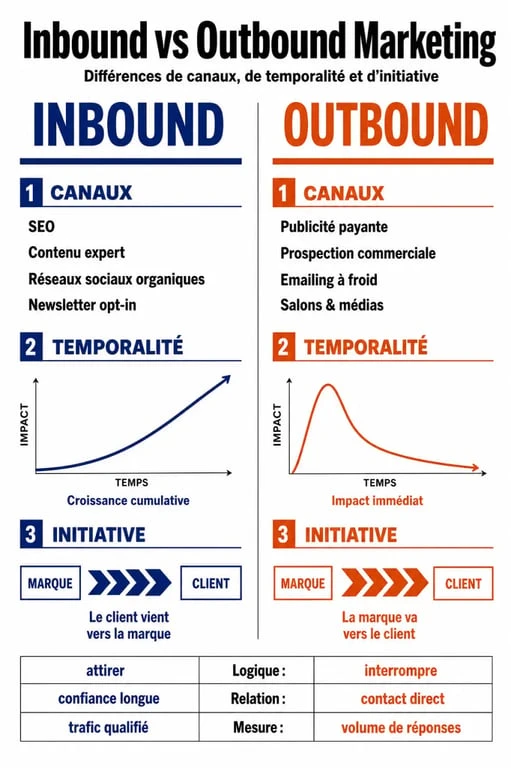 Infographie comparative entre l'inbound marketing et l'outbound marketing pour comprendre les différences de stratégie.