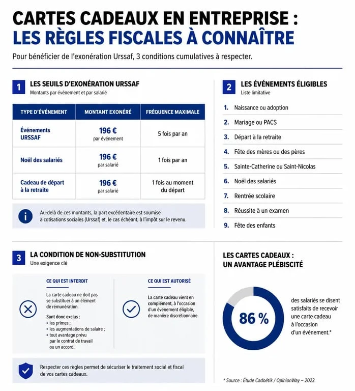 Infographie des règles fiscales et seuils Urssaf pour les cartes cadeaux Bimpli en entreprise
