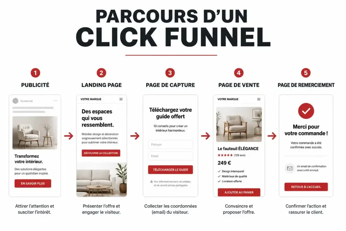 Schéma du fonctionnement d'un click funnel pour la conversion client