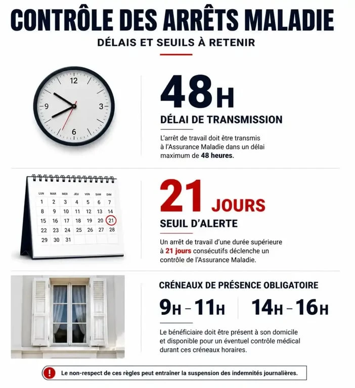 Infographie récapitulative des délais et règles pour un contrôle arrêt maladie