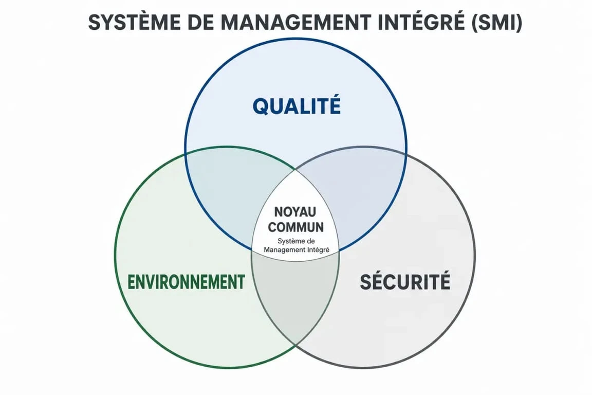 Schéma du Système de Management Intégré (SMI) illustrant la synergie entre Qualité, Sécurité et Environnement dans une démarche QSE.