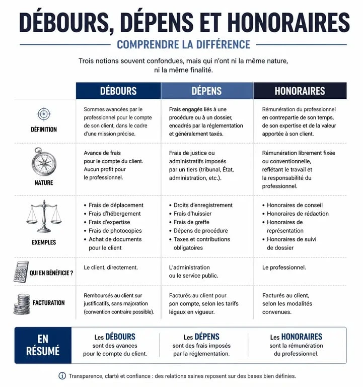 Infographie comparative : Débours, dépens et honoraires pour les professionnels