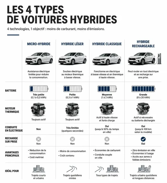 Infographie comparative des différents types de voiture hybride et leur fonctionnement