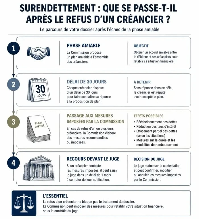 Schéma des étapes de la procédure de surendettement si un créancier refuse le plan