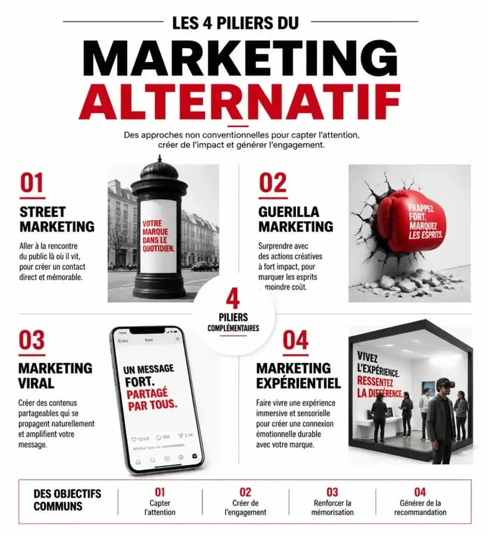 Les 4 piliers du marketing alternatif : street marketing, guerilla marketing, marketing viral et marketing expérientiel.