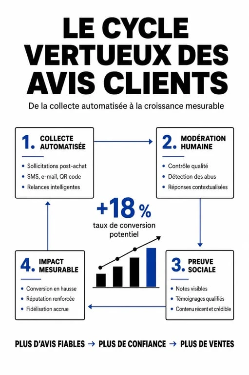 Infographie illustrant le fonctionnement et les bénéfices de la plateforme les-avis-clients.com pour les entreprises et les consommateurs