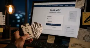 maboxrh La Poste : main avec badge et connexion RH en arrière-plan