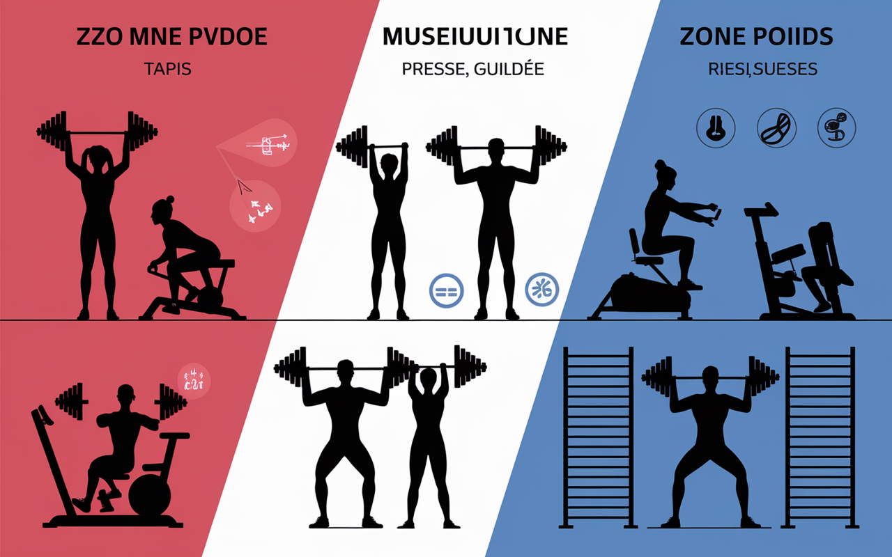 Familles machines de salle de sport cardio musculation poids libres