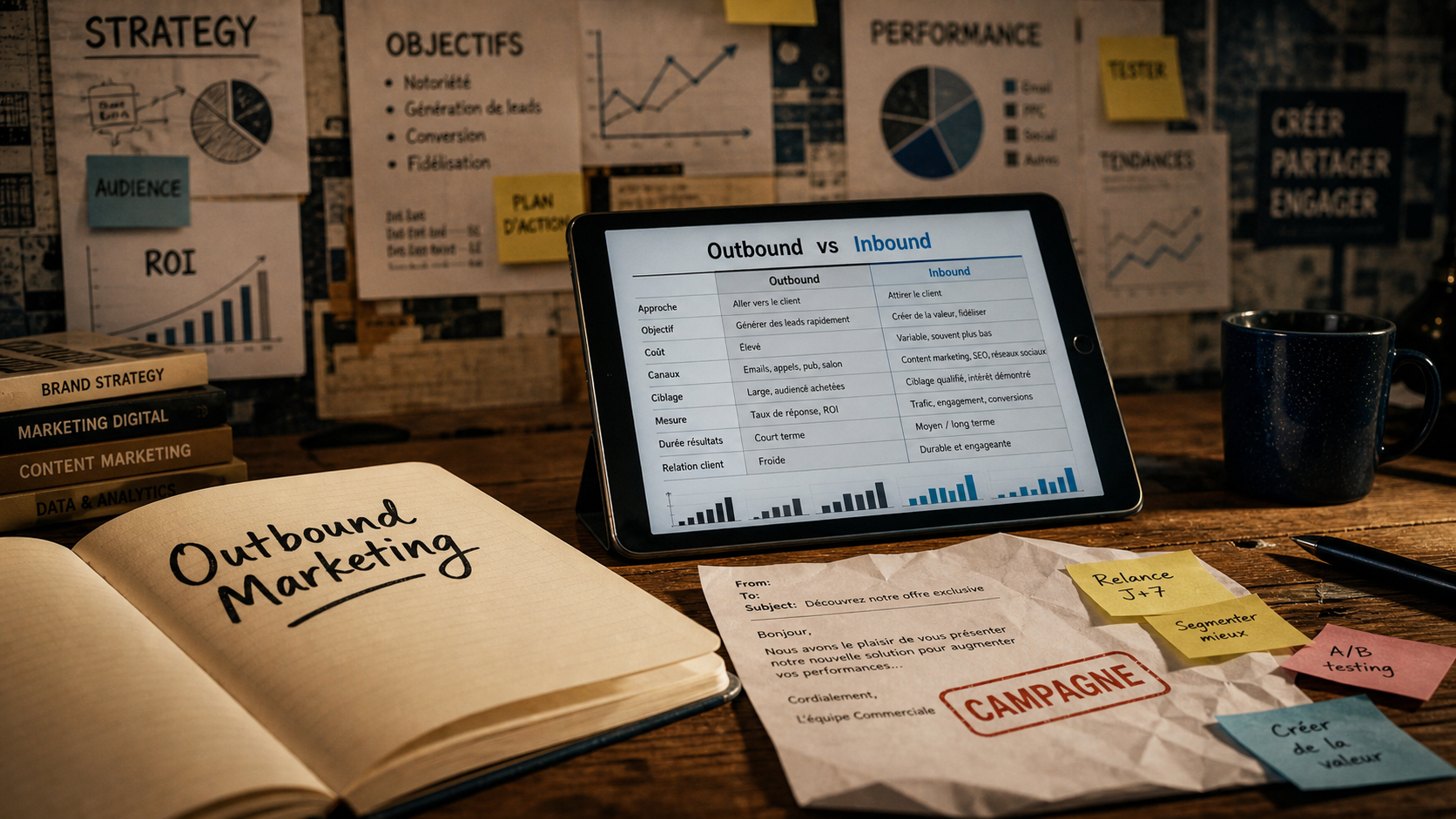 Outbound marketing : carnet et tableau Outbound vs Inbound pour générer des leads qualifiés