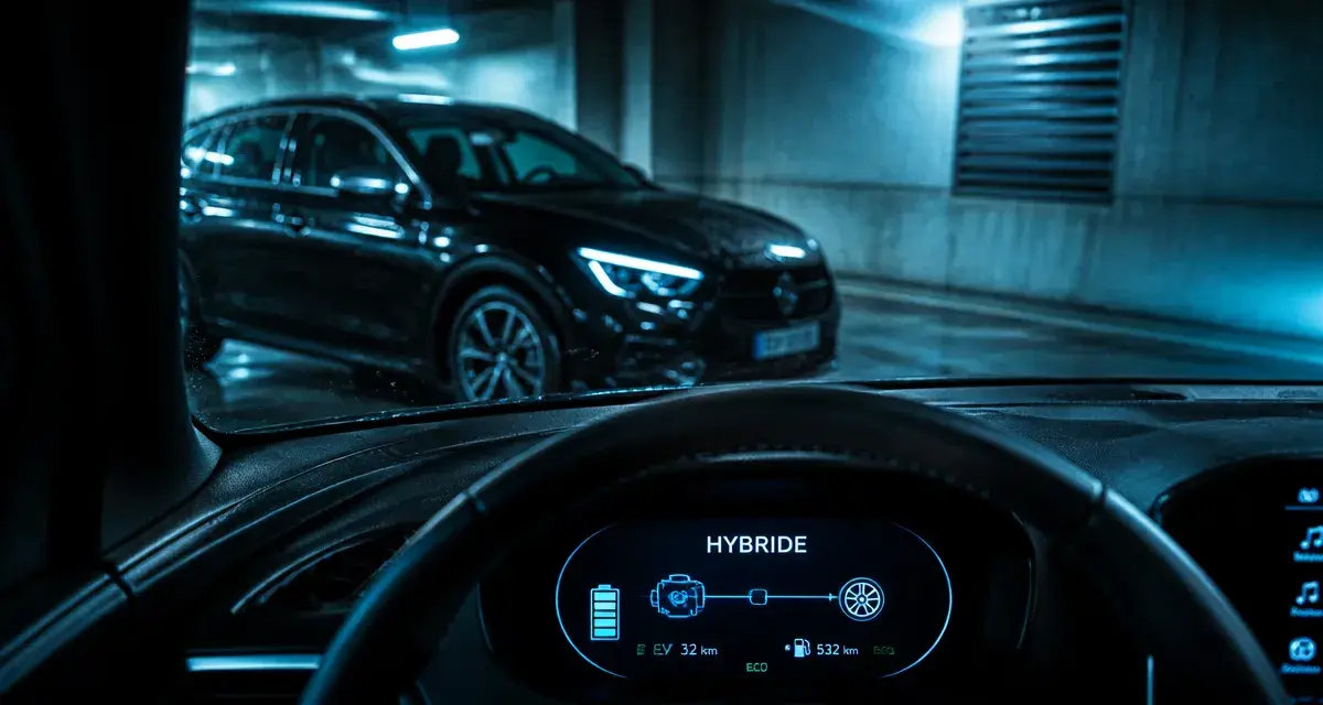 Voiture hybride définition, photo en parking souterrain