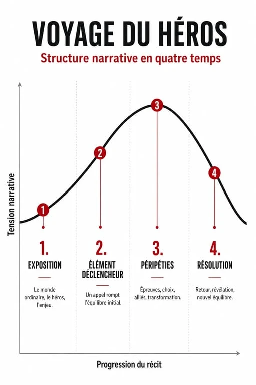 Schéma explicatif du voyage du héros pour un storytelling exemple efficace